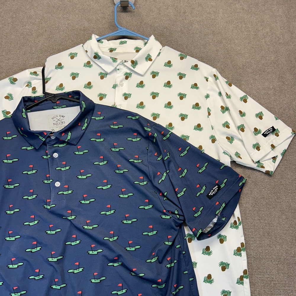 Back Nine Bullies LOT OF 2 Golf Polo Shirt Men's XL Navy White AOP Performance